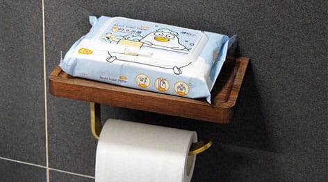 Flushable wet wipes pack on bathroom toilet paper holder