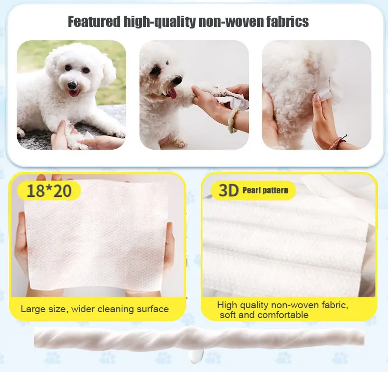 An illustrative infographic displaying Sywipe's high-quality non-woven fabrics for pet wipes product development, featuring 18x20 large sizes, 3D pearl patterns, high tensile strength, and dog grooming applications like paw cleaning.