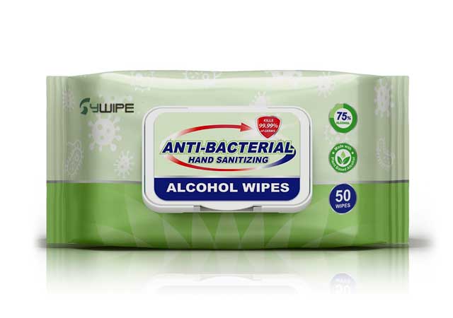 75% isopropyl alcohol disinfecting wet wipes in green packaging for professional sanitation and medical cleaning.