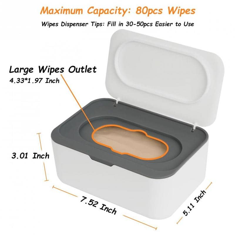 Custom private label baby wipe container dimensions showing 80-pcs capacity and large wipe outlet
