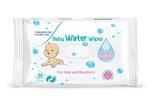 Pure water baby wipes with high water content, ideal for ultra-gentle skin cleansing of newborns and sensitive infants.