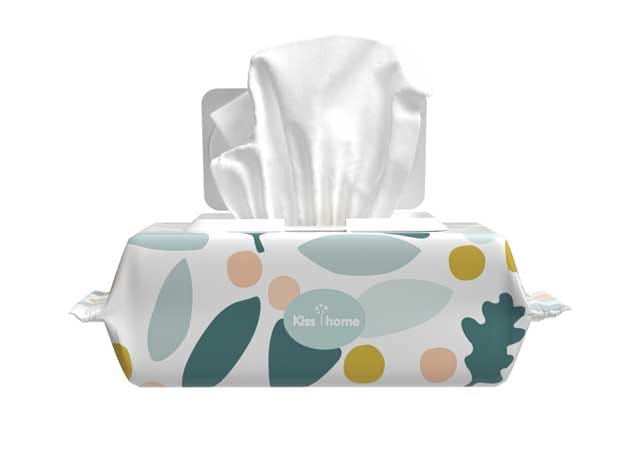 An ultra-gentle baby wipe pulling out from an artistic leaf-patterned packaging, formatted with 99% purified water for newborn skincare.