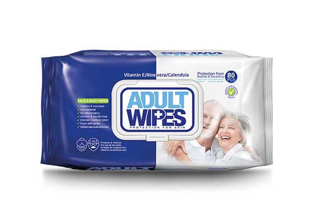 A pack of Sywipe adult wet wipes in dark blue packaging, specifically designed for adult personal hygiene, incontinence care, and daily cleansing