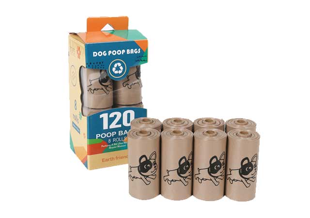 Eco-friendly biodegradable dog poop bags in rolls with a cardboard packaging box, designed for responsible pet waste disposal and custom OEM supply.