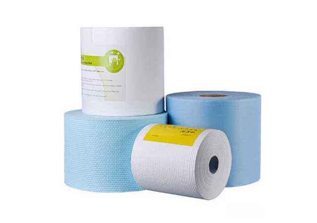 Heavy-duty blue industrial paper wiping rolls for workshop cleaning, supplied in bulk by commercial wipes manufacturer.