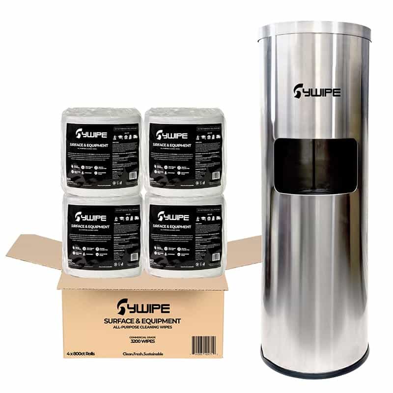 Wholesale SYWIPE bulk gym wipes rolls 4x800 count box with a stainless steel floor stand dispenser