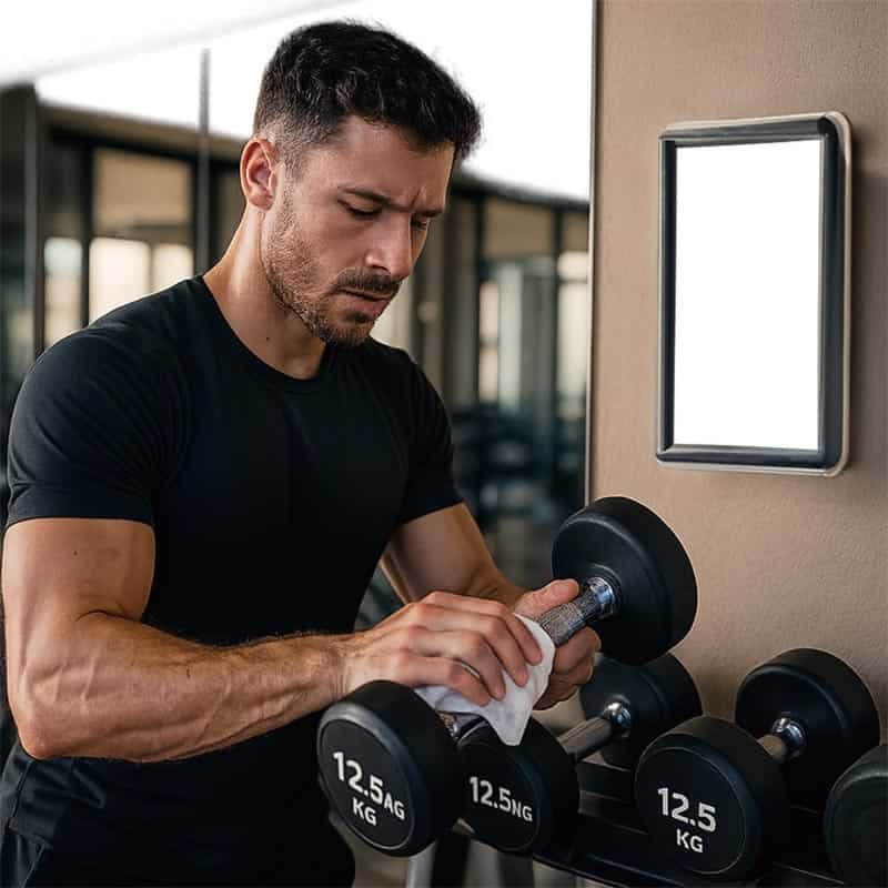 A man cleaning gym dumbbells and fitness equipment with SYWIPE lint-free fitness wipes