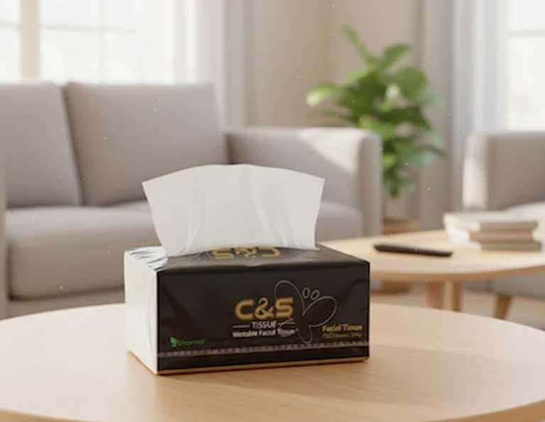 A premium C&S branded box tissue placed in a modern living room office setting for professional commercial cleaning.