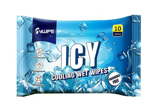 An ICY 10-pack travel size cooling wet wipes package, designed to provide an instant refreshing sensation during hot weather and outdoor sports.