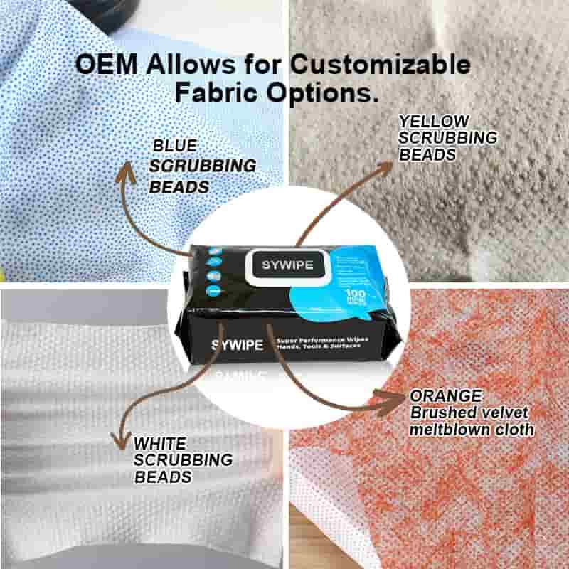 Four customizable fabric options for SYWIPE industrial wipes including blue, yellow, white scrubbing beads and orange meltblown cloth