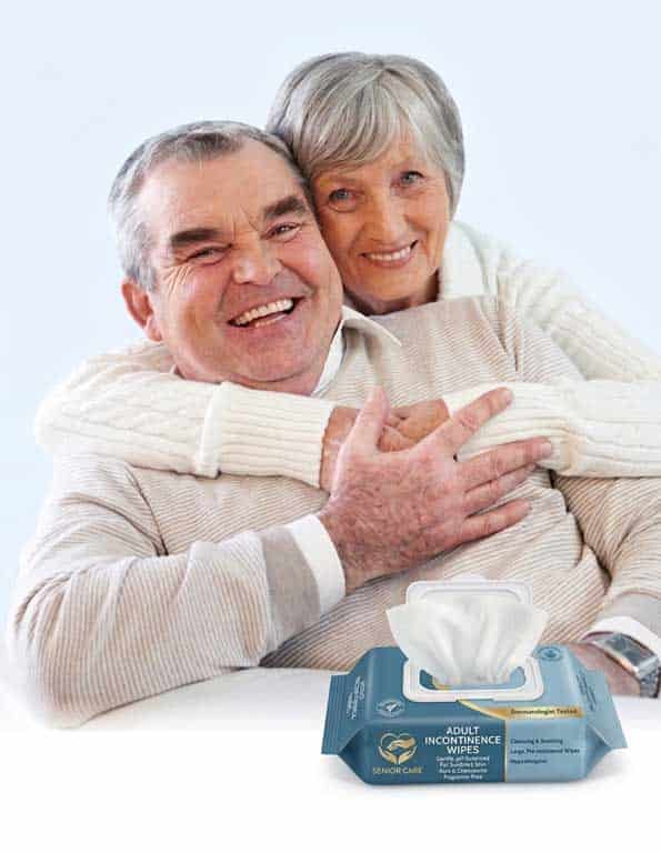 A warm scene of a happy elderly couple hugging, illustrating the daily personal hygiene application of Sywipe adult wet wipes for senior care and limited-water cleansing.