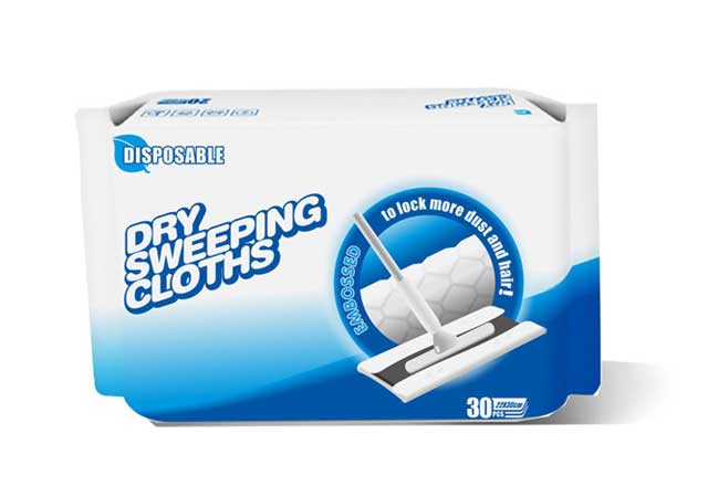 A pack of 30 disposable dry sweeping cloths for quick floor cleaning and dust removal.