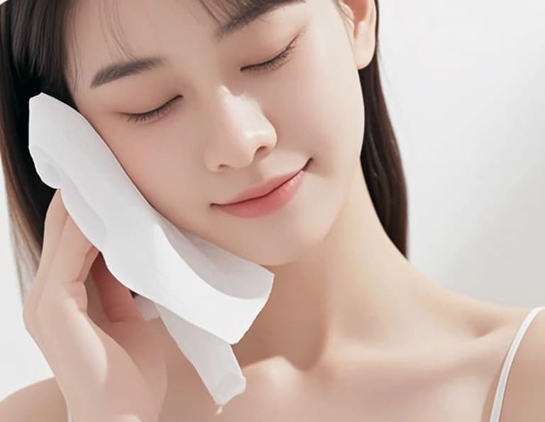 Close-up of a woman gently cleansing her face with a disposable cotton face towel for skincare and cosmetic removal.