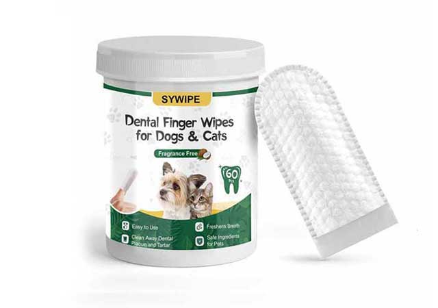 Dog dental finger wipes showing the detailed embossed texture on the sleeve, engineered to remove plaque and freshen dogs' breath.