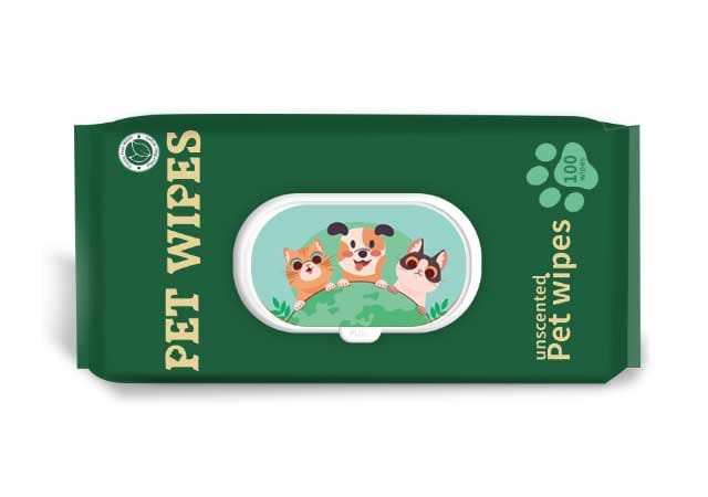 A pack of eco-friendly biodegradable dog wipes in dark green packaging, manufactured with plant-based materials for sustainable pet care brands.