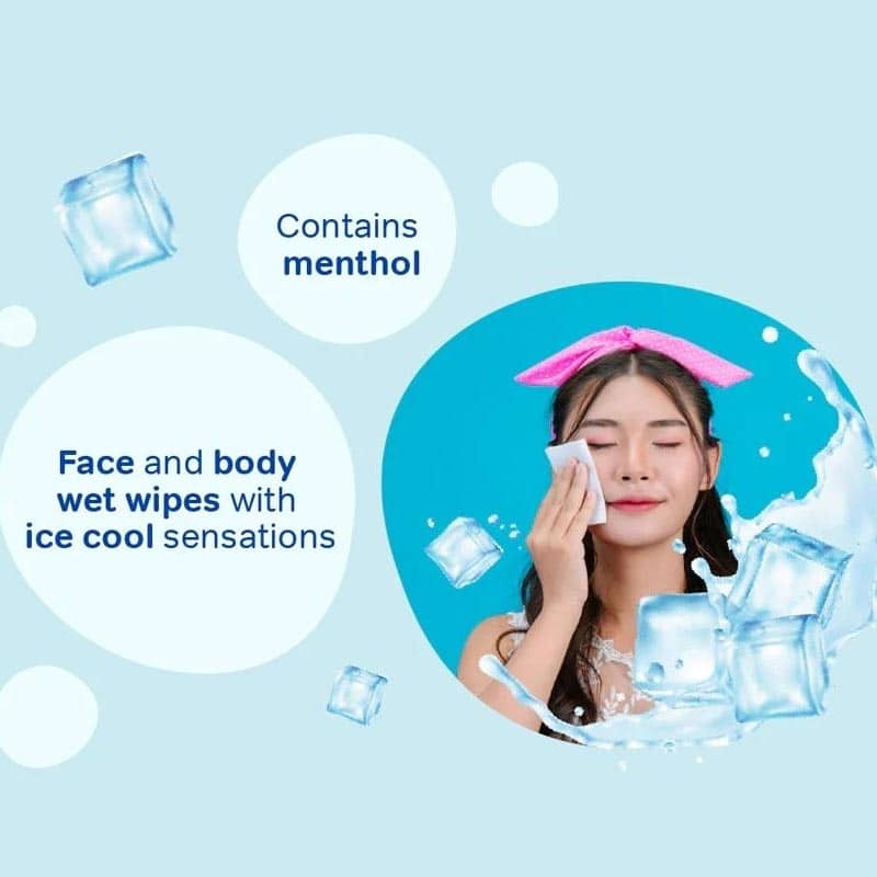 A young woman wiping her face with an ice cool wet wipe surrounded by floating ice cubes