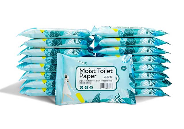 A stack of moist toilet wipes developed for convenient personal hygiene, featuring flushable and fully biodegradable materials.
