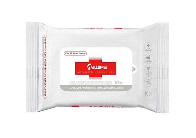 Portable hand sanitizing wet wipes in a flow pack with a plastic lid for healthcare and commercial use.
