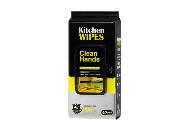 A black soft pack of heavy-duty kitchen wipes designed for removing oil and grease from countertops and sinks.