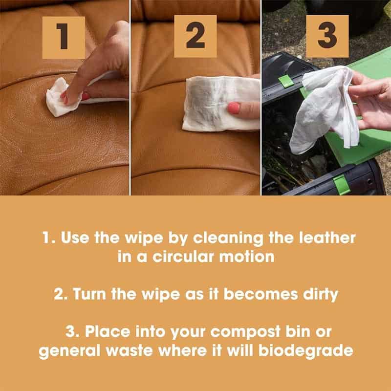 Instructional guide showing how to use leather wipes safely on surfaces