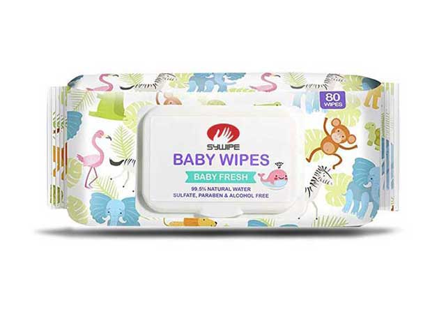 Hypoallergenic sensitive baby wet wipes featuring extra-gentle formulation with a flip-top lid for delicate skin protection.