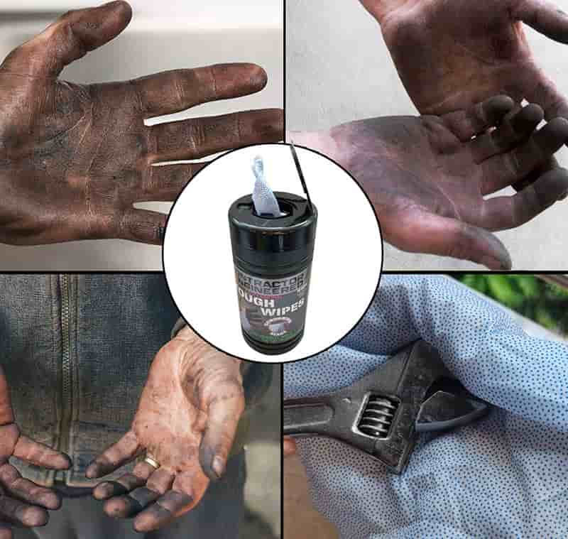 A 4-in-1 collage showing industrial wet wipes applications for cleaning heavily greased mechanic hands and wiping automotive tools like a wrench