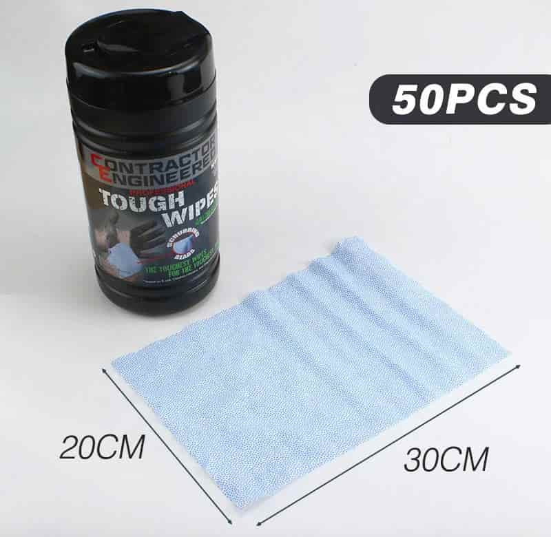 A 50pcs black bucket canister of industrial tough wipes next to an unfolded blue textured wet wipe measuring 20cm by 30cm