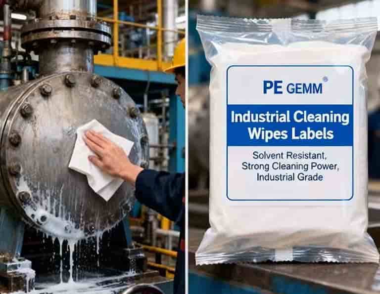 Heavy-duty industrial cleaning wipes removing oil, grease, dust, and residues from factory machines.