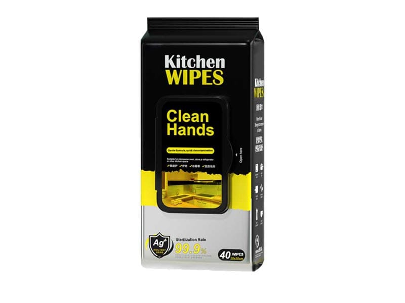 Custom antibacterial kitchen wipes wiping grease and stains off a countertop