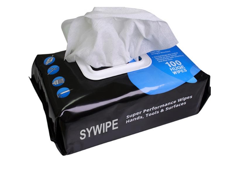 SYWIPE large industrial hand wipes 100 counts flow pack with a plastic lid and an extracted white wet wipe