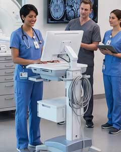 Healthcare professionals in a clinic using specialized medical wipes to clean and sanitize a mobile hospital workstation cart.