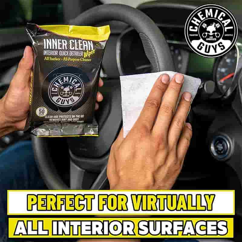 Custom multi-surface car wipes cleaning a steering wheel and protecting vehicle interior surfaces