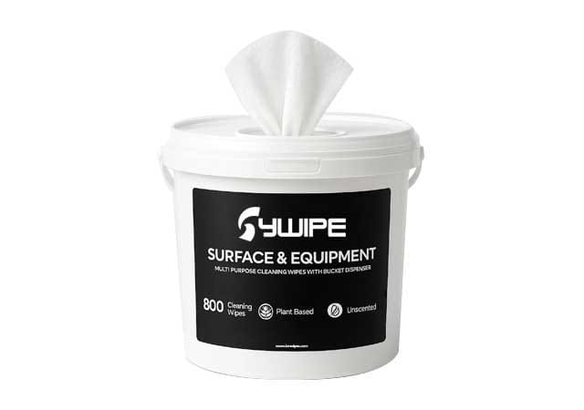 A commercial-grade black dispenser bucket of gym wipes for cleaning and disinfecting fitness equipment, safe for vinyl and rubber surfaces.