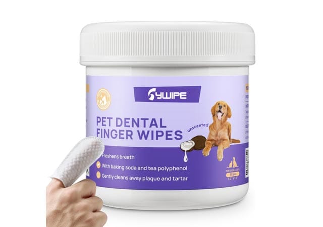 A rigid plastic canister tub of Sywipe pet dental finger wipes, demonstrating a finger wearing the textured cloth to clean cats' and dogs' teeth. 