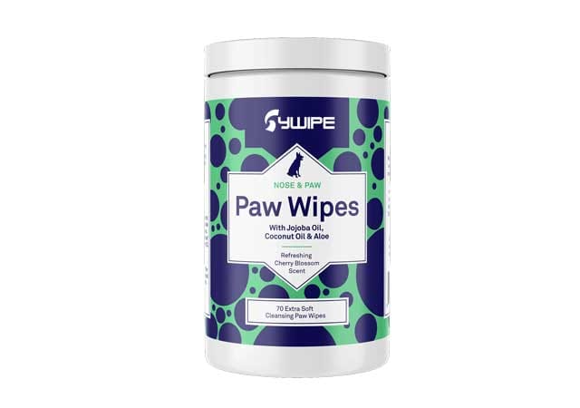 A rigid plastic canister tub of Sywipe pet paw wipes, specially formulated for deep cleaning and sanitizing pet paws after outdoor walks.