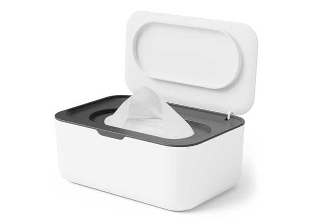 A sleek white plastic baby wipe dispenser box with an open lid, showing soft dry tissues ready for nursery and personal hygiene use.