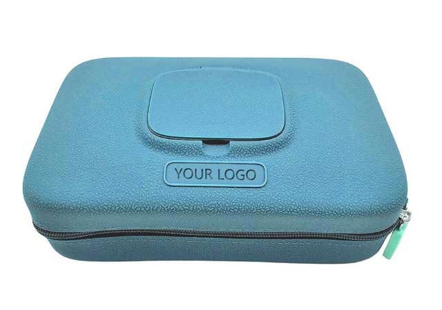 Blue reusable silicone wet wipe storage travel pouch with a customized logo placement indicator for private label tissue brands.