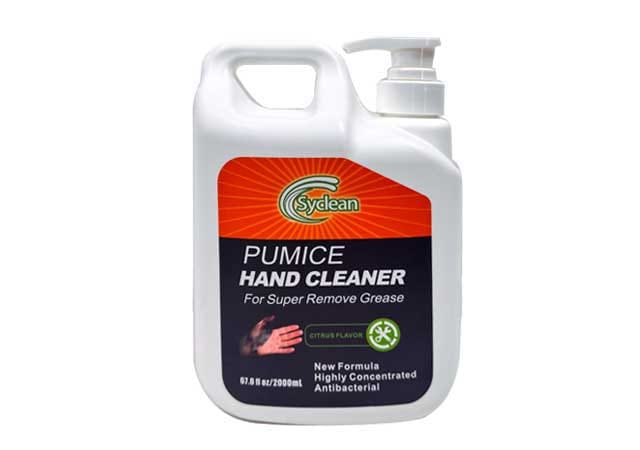 Antibacterial pumice hand cleaner with grit particles for scrubbing away stubborn industrial grease.
