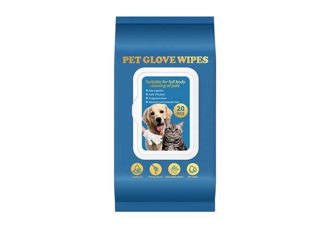 Glove-style rinse-free pet cleaning wipes package, designed as an alternative to traditional dog bathing for easy coat grooming. 