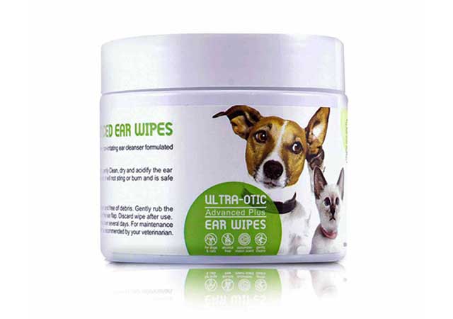 A plastic tub of ultra-soft pet ear and eye wipes, formulated safely to clear tear stains and discharge from sensitive puppy areas.