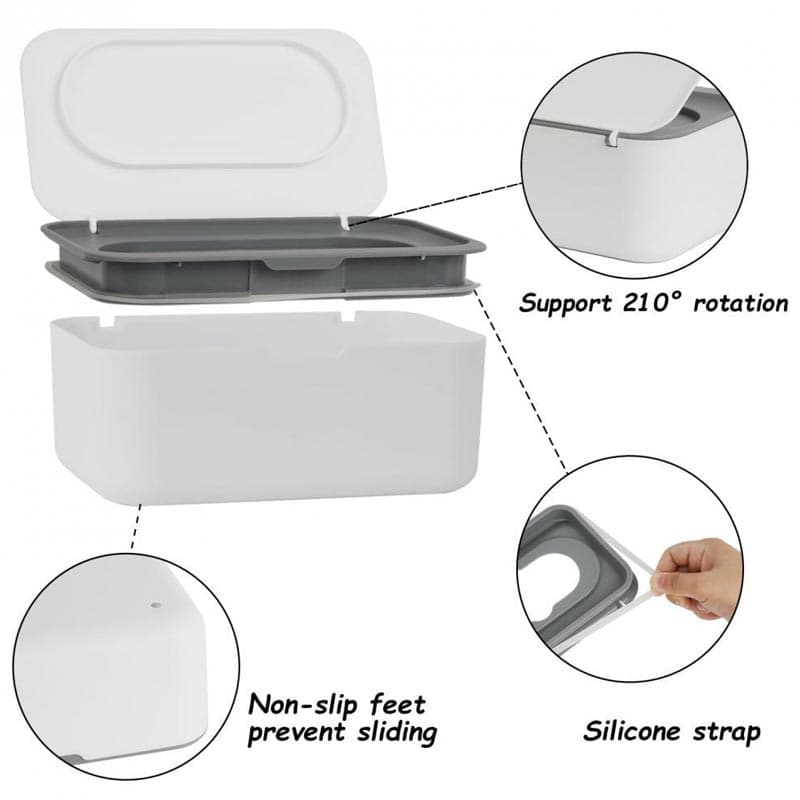 Technical specs of SYWIPE baby wipe holder showing 210-degree rotation lid and silicone sealing strap