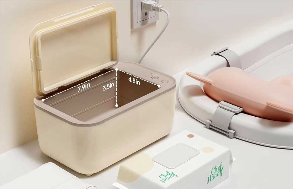 Plug-in heated wet wipes dispenser container case with digital touch control panel, showing SYWIPE premium baby care accessories catalog.