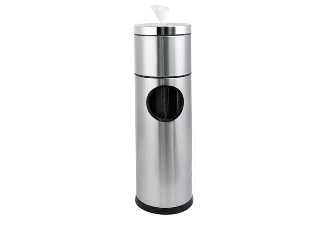 Heavy-duty wall-mounted or freestanding stainless steel gym wipes dispenser designed for commercial fitness centers and offices.