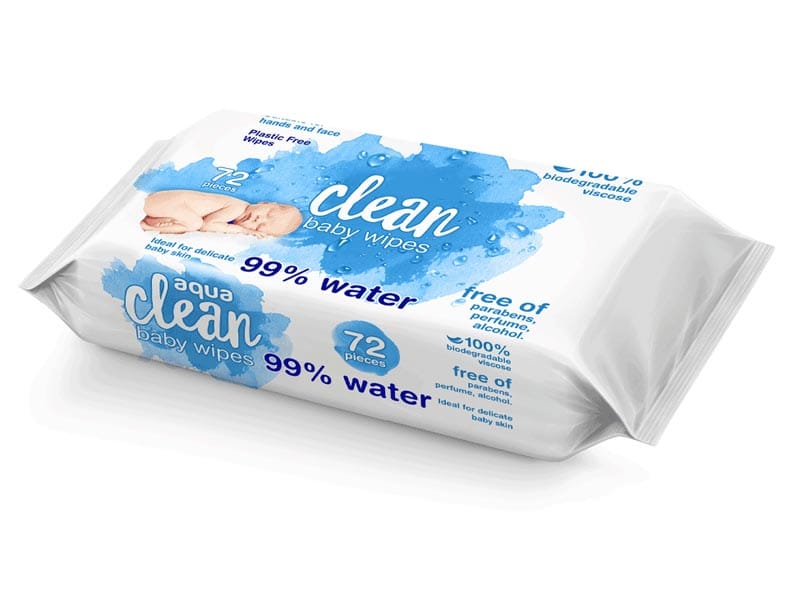 SYWIPE soft and absorbent 100 percent viscose baby aqua wipes in a white 72 count soft pack highlighting 99 percent water formula