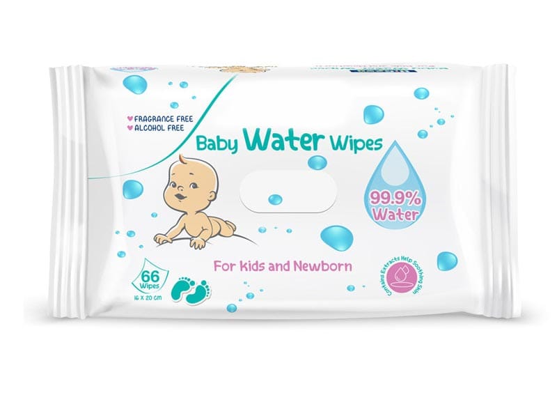 Fragrance-free 99.9% purified water baby wipes in a 66-count cartoon packaging manufactured by SYWIPE factory.