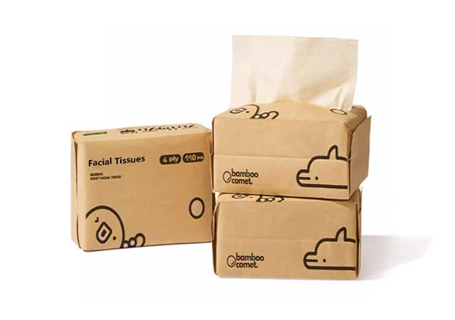 Unbleached bamboo facial tissues in unbleached brown craft boxes manufactured by SYWIPE supplier.