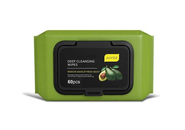 Deep cleansing makeup remover wipes 60-count in green pack with black lid and avocado illustration.