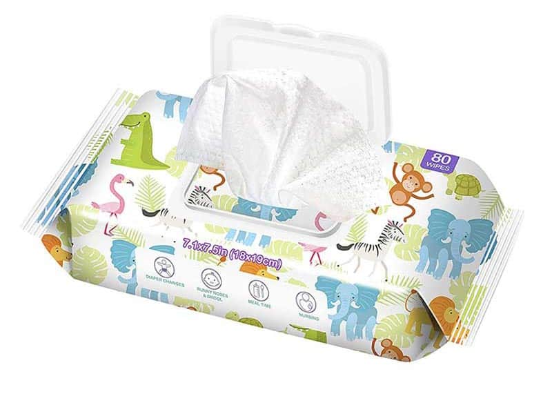 SYWIPE gentle care sensitive baby wipes with white flip-top lid, 80 count cartoon layout flow pack wet wipes for private label