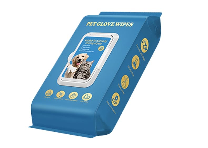 Glove-style pet wet wipes for hands-on grooming and cleaning manufactured in bulk by SYWIPE factory.