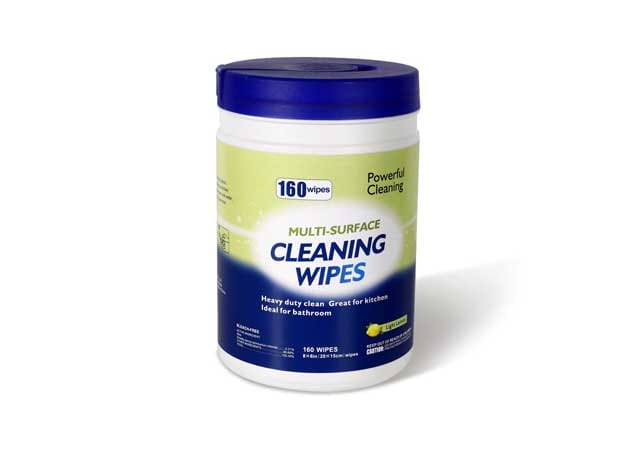 Multi-surface cleaning wipes 160-count in a blue canister for household everyday use by SYWIPE supplier.